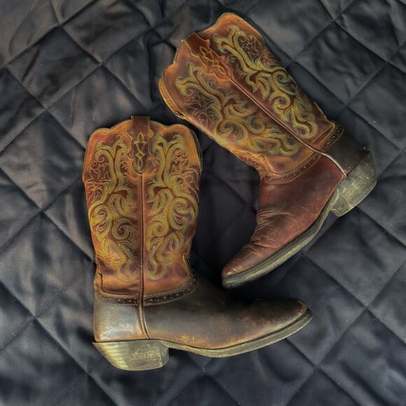 Justin Womens Dark Brown Teal L2552 Stampede Square Toe Cowboy Boots Size 8 B - Picture 1 of 7